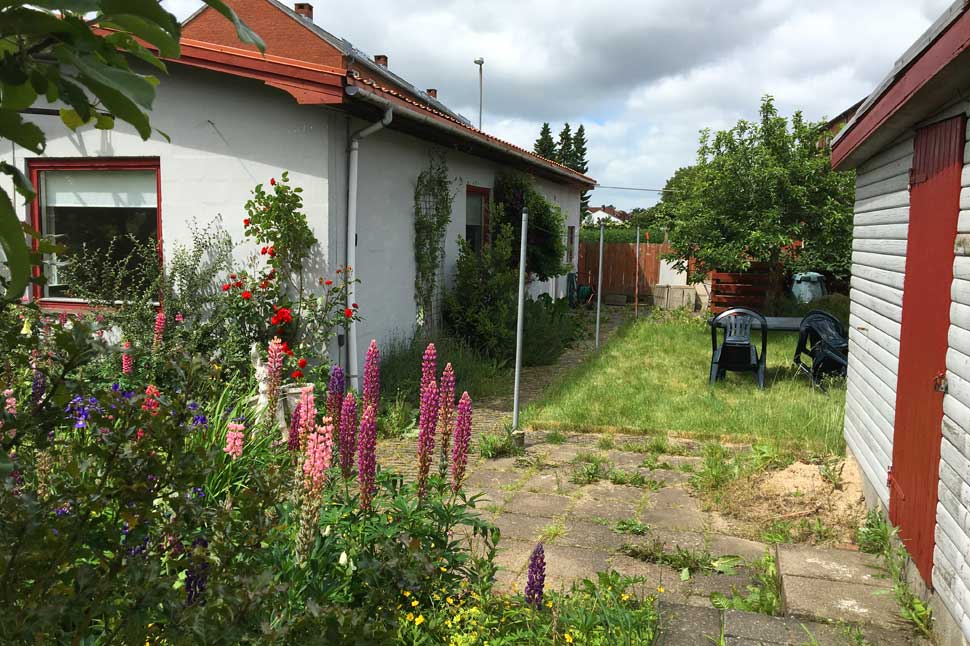 staudebed, græsplæne, østside. Garage th